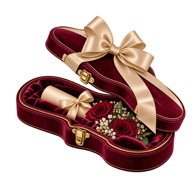 Open burgundy violin-shaped case containing a small parcel and floral decorations