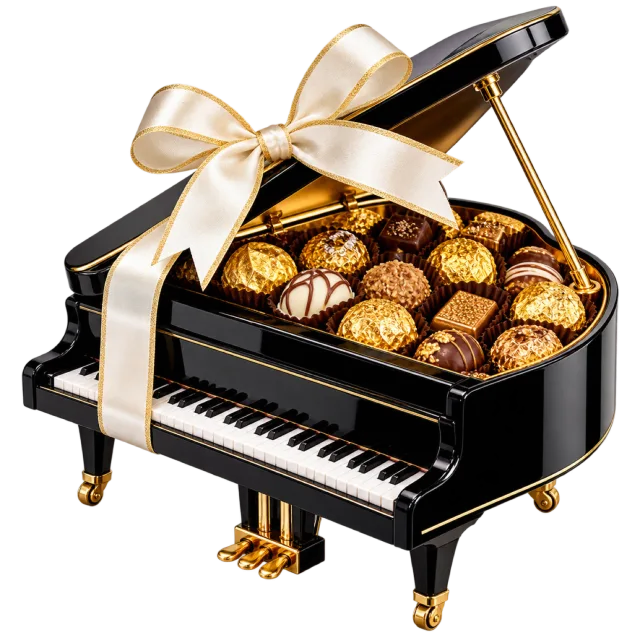 Black miniature grand piano box filled with chocolates and tied with a cream bow