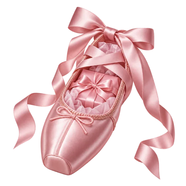 Pink ballet slipper-shaped gift box with flowing satin-style ribbons