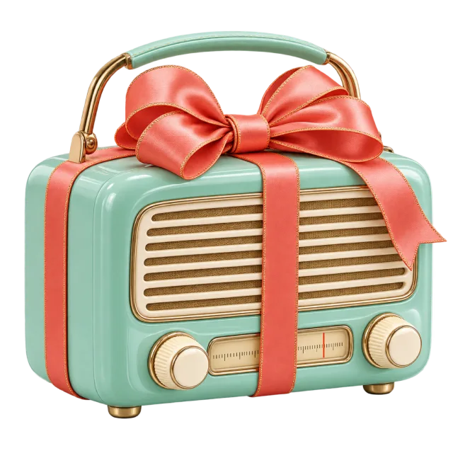 Mint green vintage radio-shaped box with a coral ribbon bow