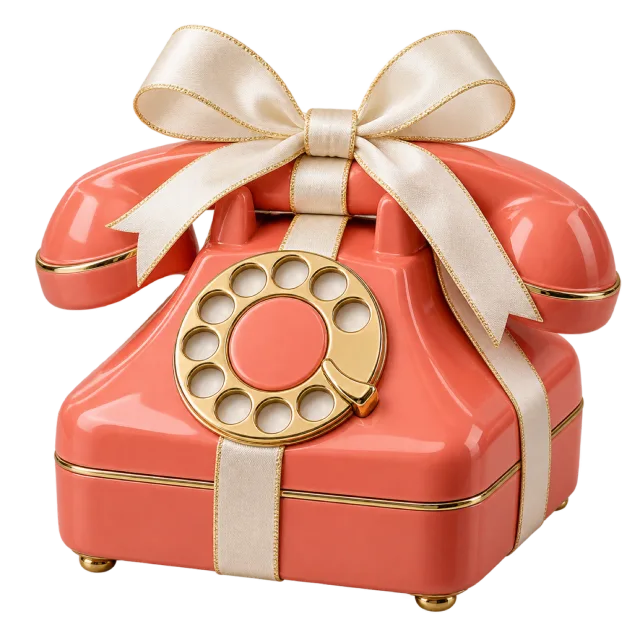 Coral rotary telephone-shaped gift box tied with a cream ribbon