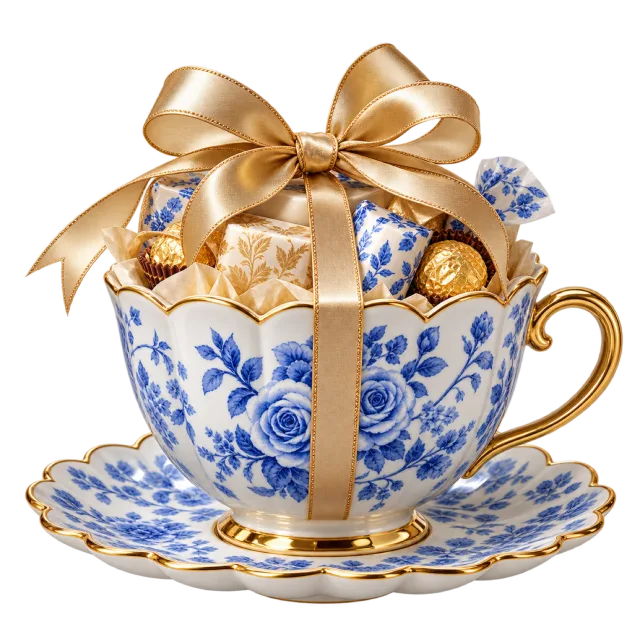 Blue floral teacup and saucer filled with wrapped treats beneath a gold-colored bow