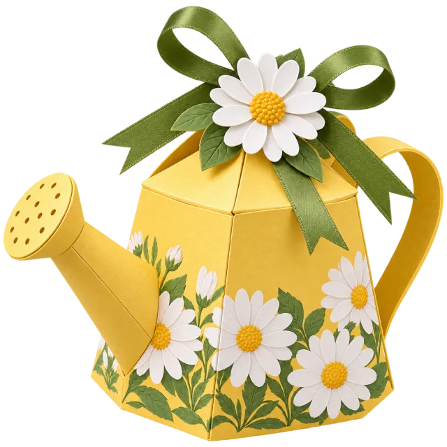 Yellow watering can-shaped box with daisy patterns and a green bow