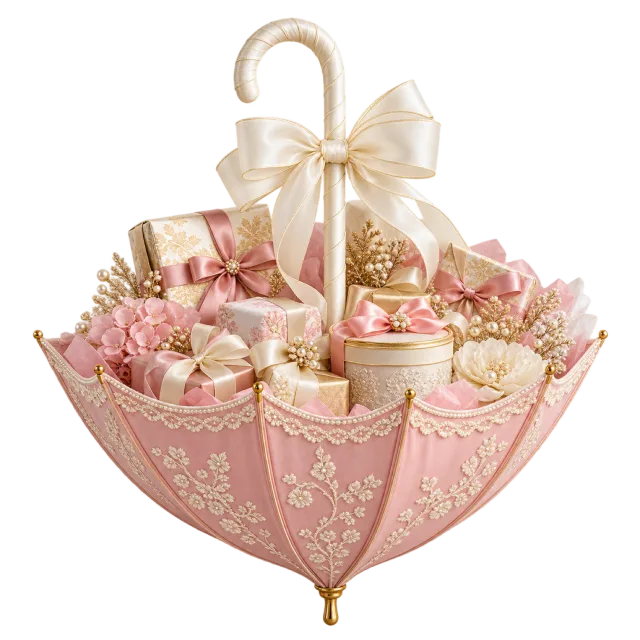 Pink umbrella-shaped basket filled with small gifts, flowers and cream ribbons