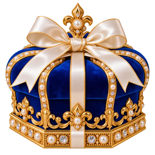 Blue and gold crown-shaped keepsake box with a large cream bow