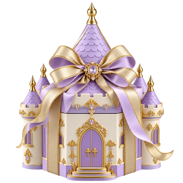 Lavender miniature castle box with gold-colored details and ribbon bows