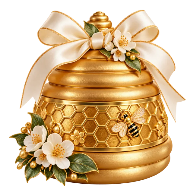 Gold-colored beehive box decorated with bees, white flowers and a cream bow