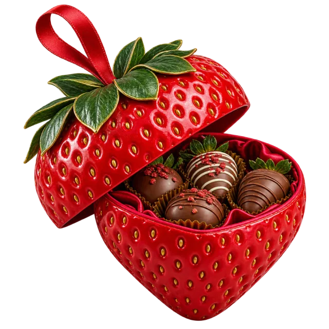 Open red strawberry-shaped box filled with chocolate treats