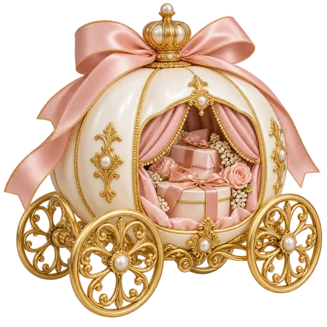 Cream and gold pumpkin carriage holding small pink gifts beneath a ribbon bow