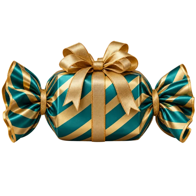 Teal and gold striped candy-shaped gift box with a gold-colored bow