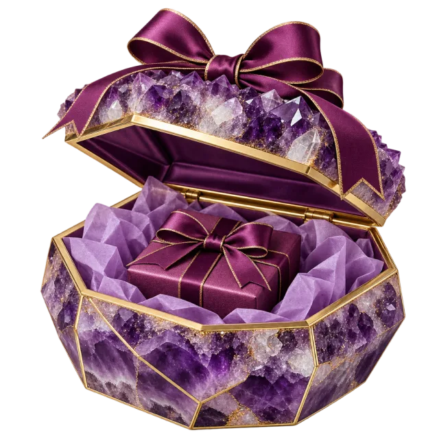 Open purple geode-style gift box containing a small purple present