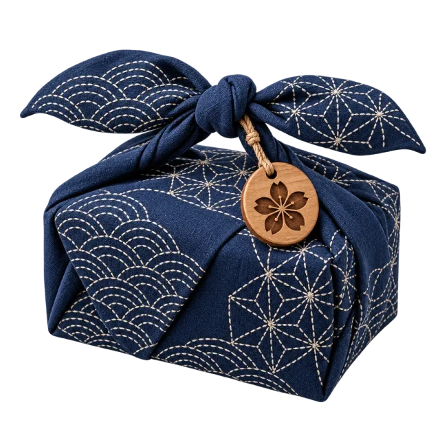 Navy fabric-wrapped parcel with white stitched-style patterns and a wooden-style flower tag