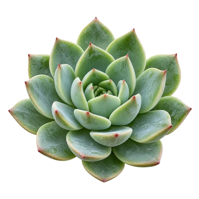 Compact rosette of thick green succulent leaves with softly pink-tinted tips on a transparent background