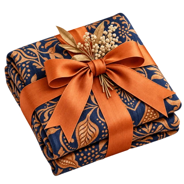 Dark blue and orange patterned present with a bright orange ribbon bow