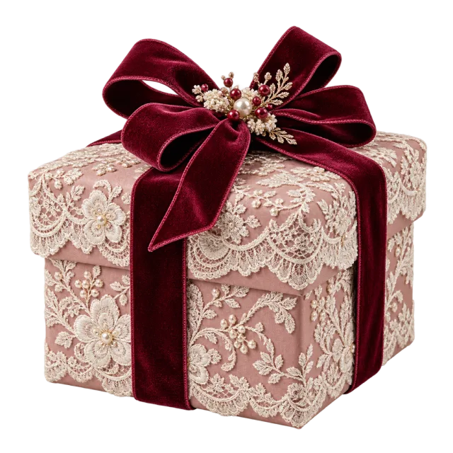 Pink gift box with cream lace-style overlay and a burgundy bow