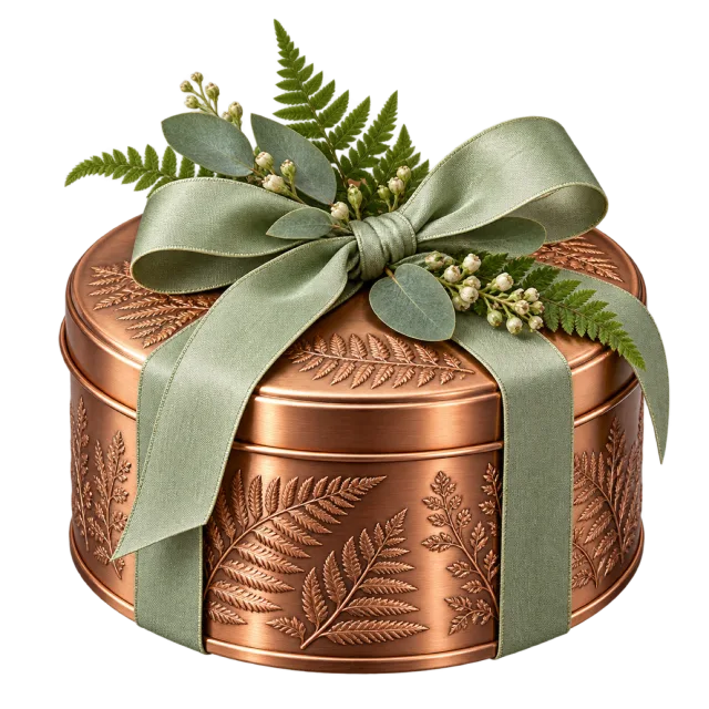 Copper-colored round box embossed with leaves and tied with sage ribbon