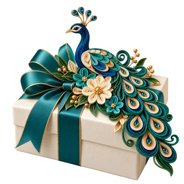 Cream gift box topped with an ornate teal and gold peacock decoration