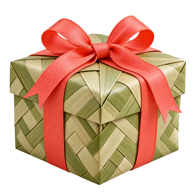 Green woven-leaf-style parcel with a coral ribbon bow
