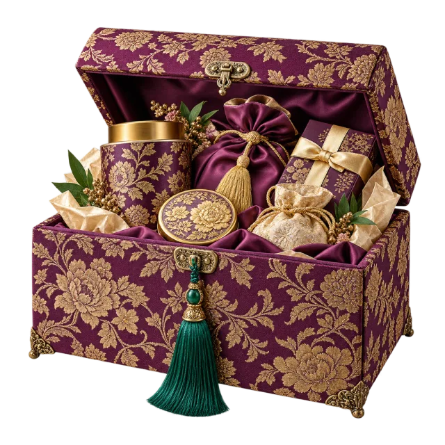 Open purple and gold patterned gift box with decorative containers and a green tassel