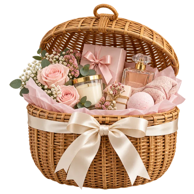 Round woven basket with a raised dome lid, pink gifts, flowers and a cream bow
