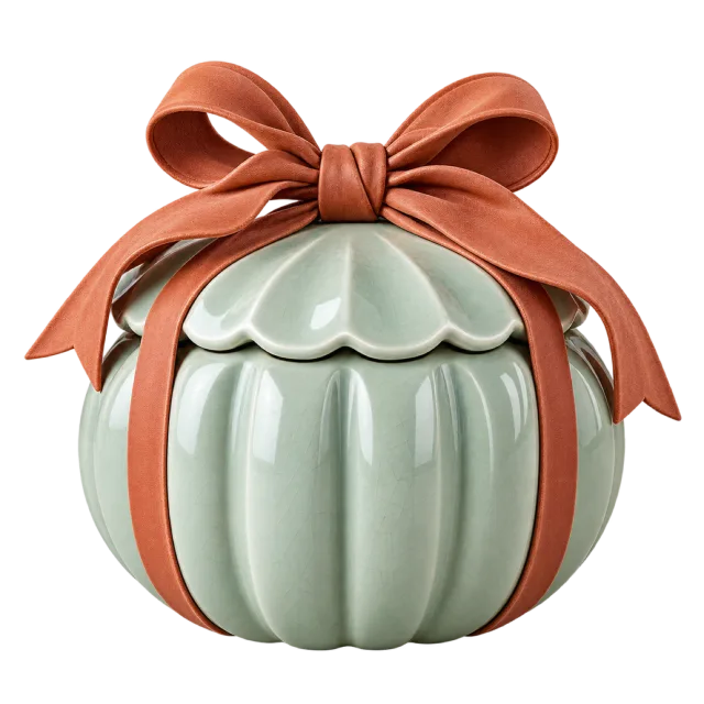 Pale green fluted gift jar topped with a rust-colored ribbon bow