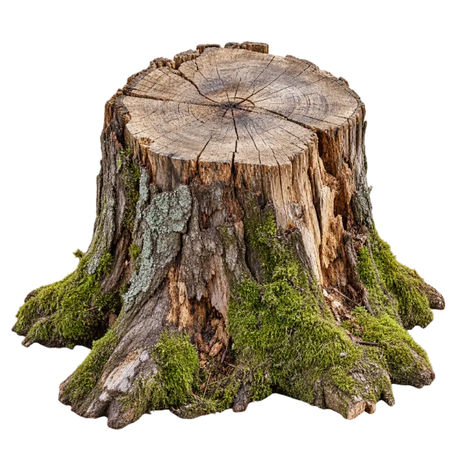 Cut tree stump with visible growth rings, rough bark and moss around its roots on a transparent background