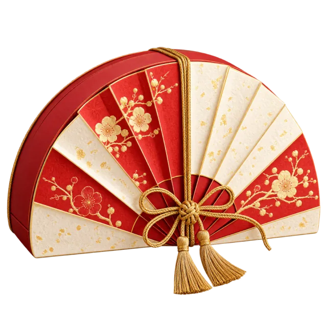 Red and cream folding fan-shaped box decorated with floral patterns and a gold-colored tassel