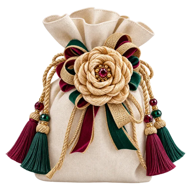 Cream drawstring gift bag with a large floral rosette and multicolored tassels