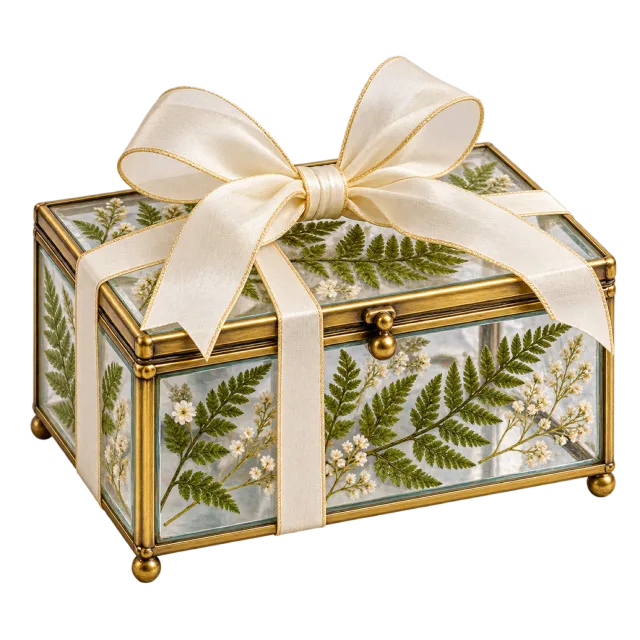 Clear rectangular box with fern decorations, gold-colored edges and a cream bow