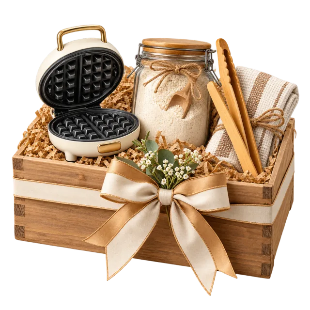 Wooden breakfast gift crate holding a waffle maker, jar and utensils beneath a cream bow