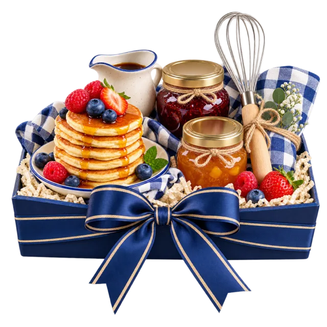 Blue brunch gift box with pancakes, berries, jars and a whisk tied with navy ribbon
