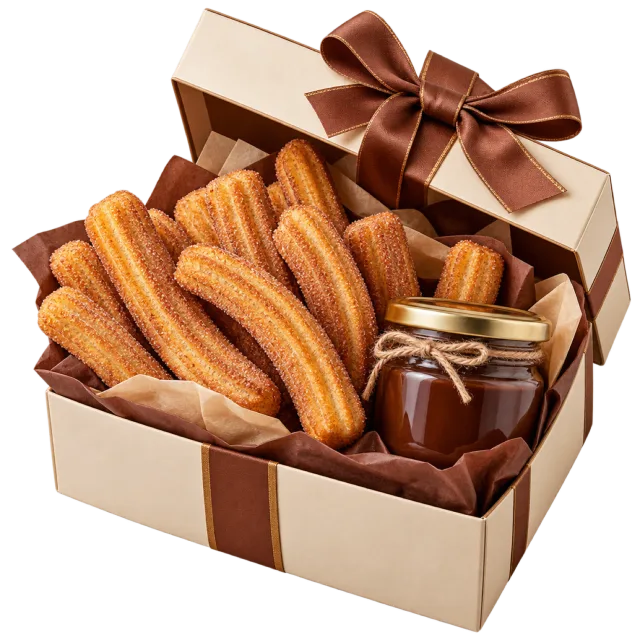 Open cream box filled with churros and a chocolate dip jar beneath a brown bow