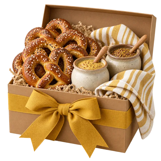 Brown gift box with pretzels, mustard jars and a striped cloth tied with yellow ribbon