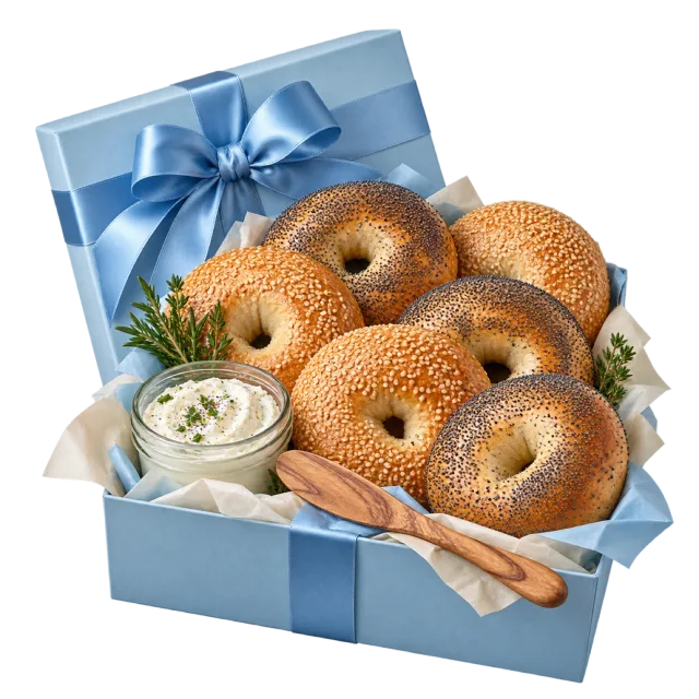 Pale blue gift box filled with bagels and a small spread jar beneath a blue bow