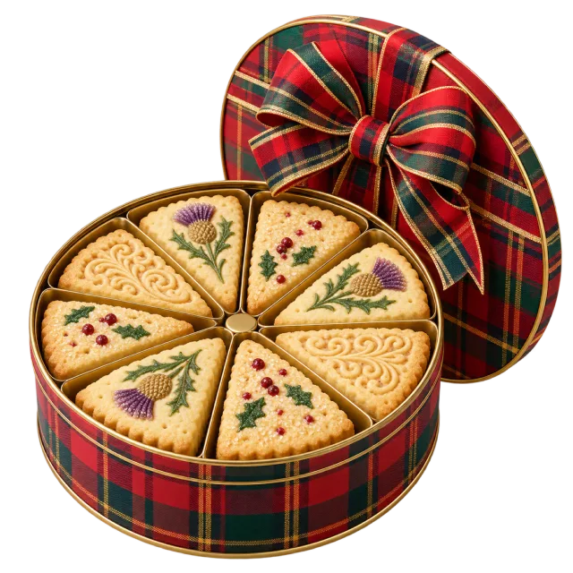 Open tartan round tin holding wedge-shaped decorated shortbread pieces