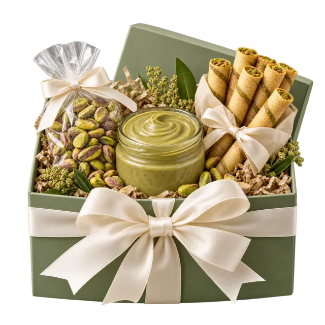 Sage green box with a pistachio-colored spread jar, nuts and wafer rolls tied with cream ribbon