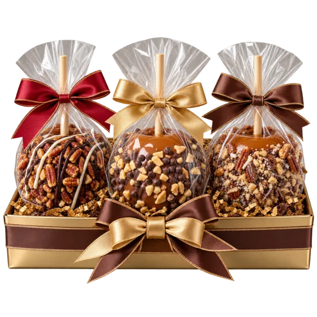 Three wrapped caramel-coated apples with colorful bows arranged in a brown gift tray