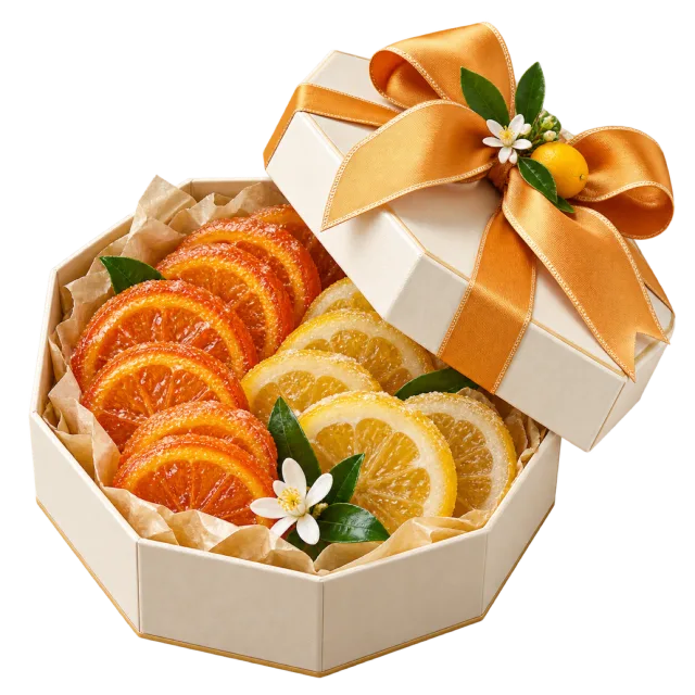 Open cream gift box holding orange and lemon slices beneath a golden orange bow