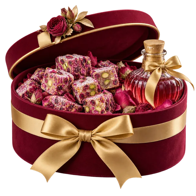 Open burgundy round box containing pink sweets, rose petals and a decorative bottle