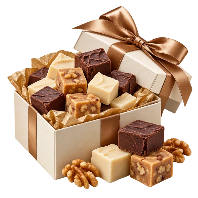 Cream gift box with assorted fudge cubes, walnuts and a bronze-colored bow