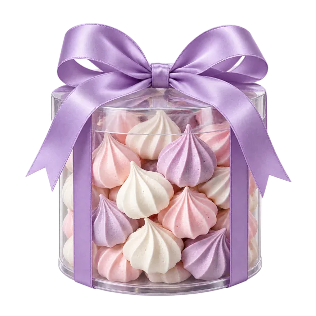 Clear gift container filled with pastel meringue kisses beneath a lavender bow