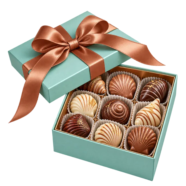 Open mint-colored box with shell-shaped chocolates and a bronze-colored ribbon