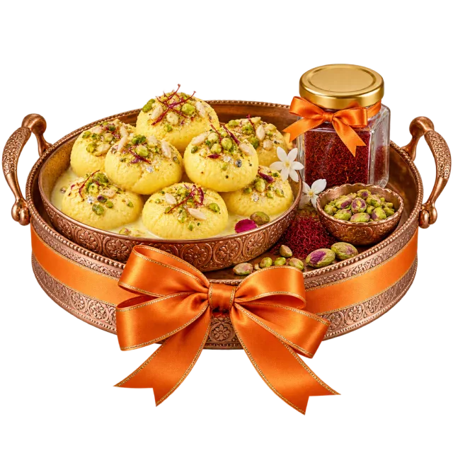 Round copper-colored tray with yellow sweets, small bowls and a jar tied with orange ribbon