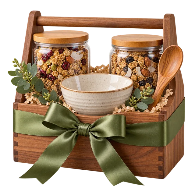 Wooden handled breakfast crate with granola jars, a bowl, spoon and green ribbon