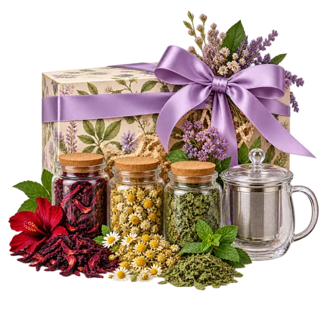 Herbal gift assortment with small jars, a clear mug, flowers and a lavender ribbon