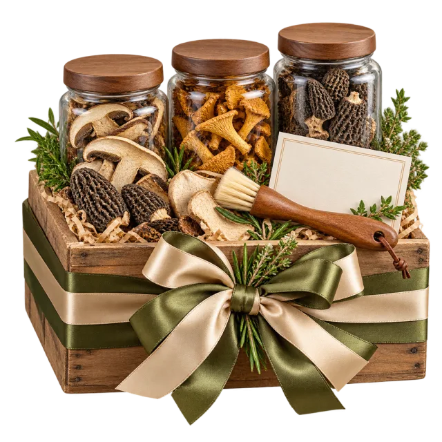 Wooden crate with mushroom jars, a brush, small bags and a green bow
