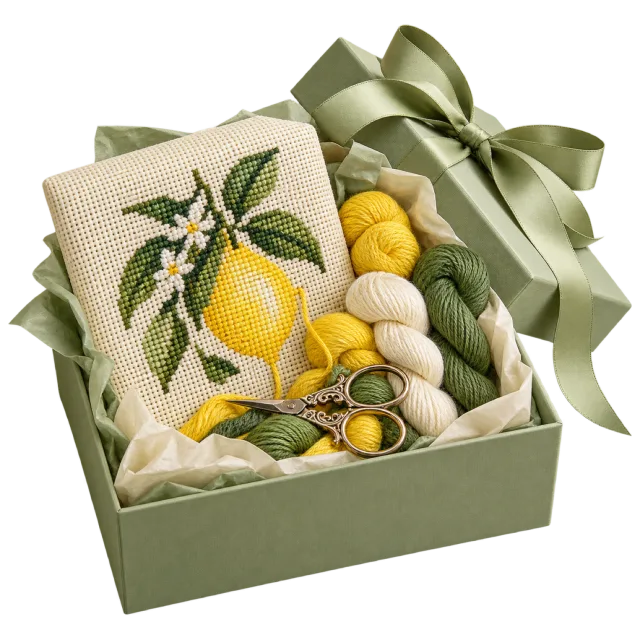Green needlework gift box with a lemon-patterned canvas, yarn and tools