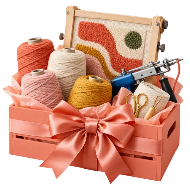 Coral craft crate with yarn, a tufting tool and an abstract patterned textile frame