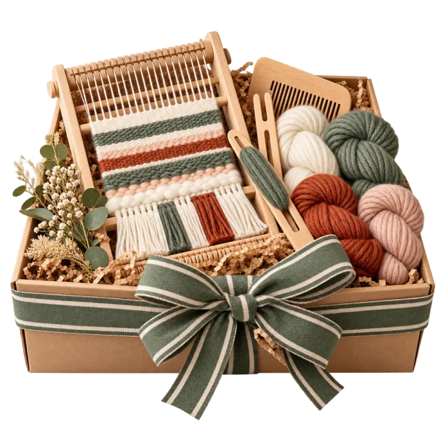 Woven craft basket with a small loom, yarn balls, tools and a green bow