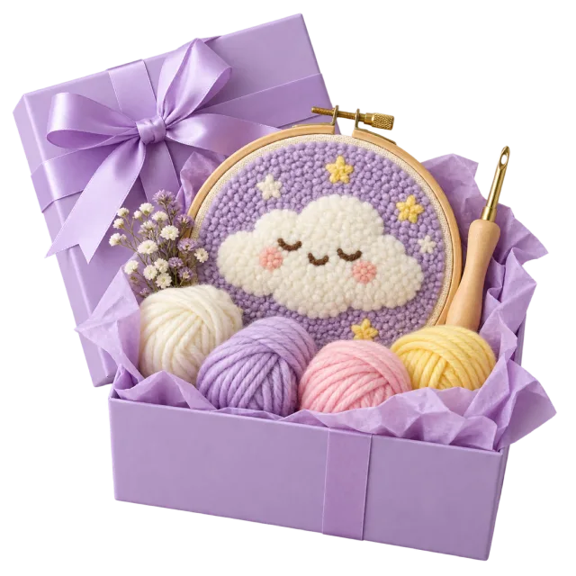 Lavender craft box holding a cloud-patterned needlework hoop, yarn and a punch needle tool